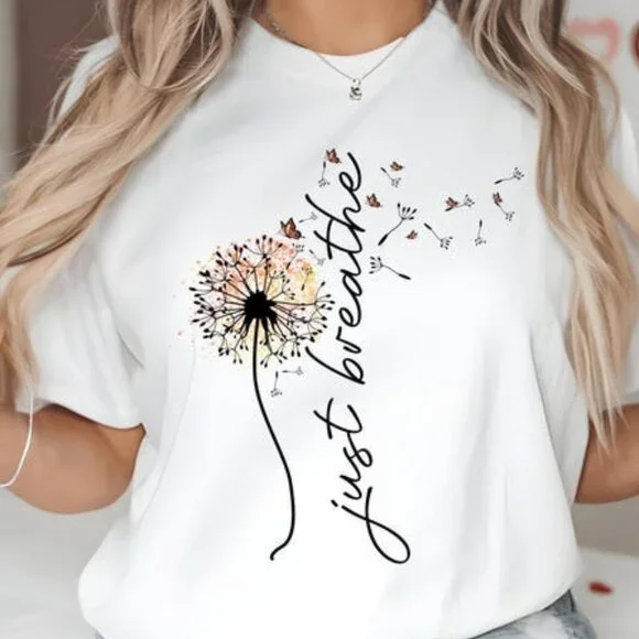Just Breathe Tee, Inspirational Dandelion Quote Tee - Picture 1 of 3